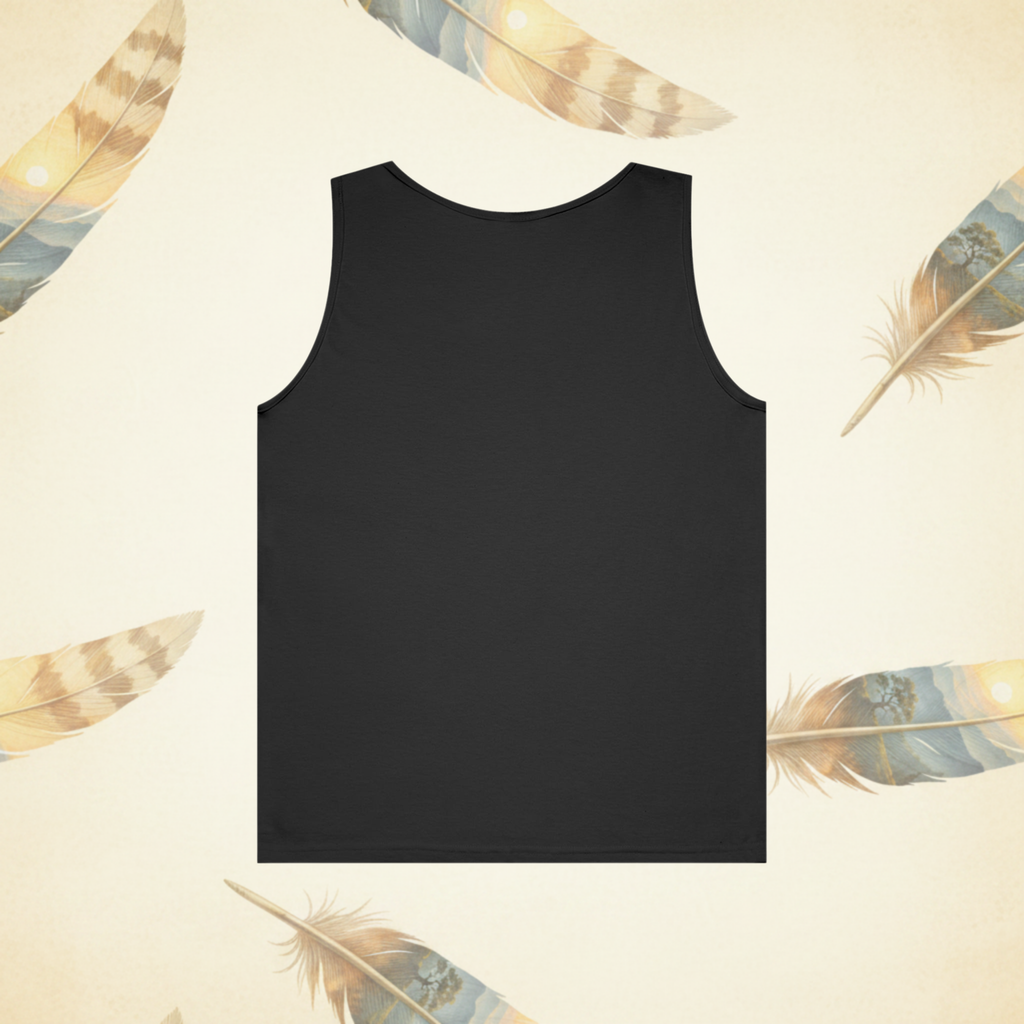 Black Muscle tank shown brom the brack flat-lay on a background of cream and painted feathers.
