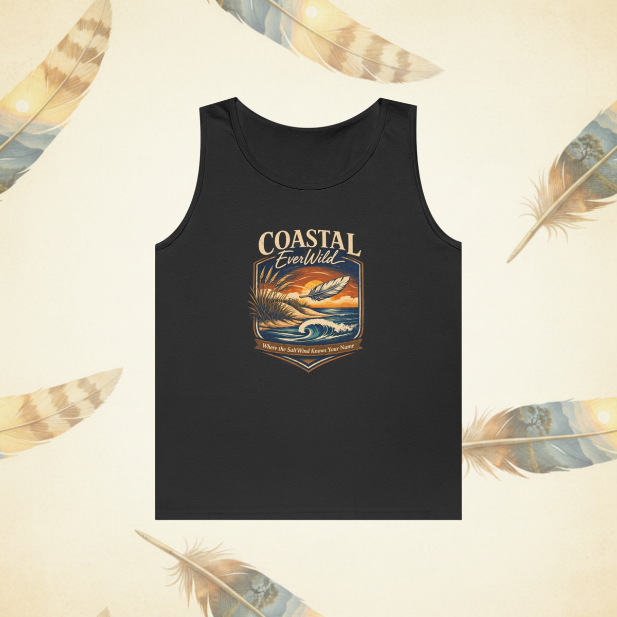 Black muscle tank show from the front with a Coastal EverWild graphic badge with the text " Where the Salt Air Knows It's Name"