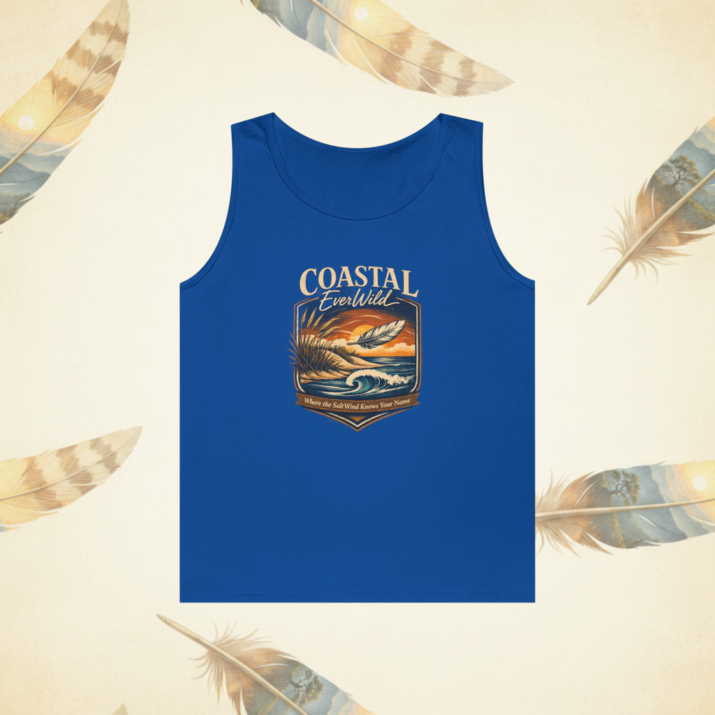 Royal Blue muscle tank show from the front with a Coastal EverWild graphic badge with the text " Where the Salt Air Knows It's Name"