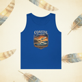 Royal Blue muscle tank show from the front with a Coastal EverWild graphic badge with the text " Where the Salt Air Knows It's Name"