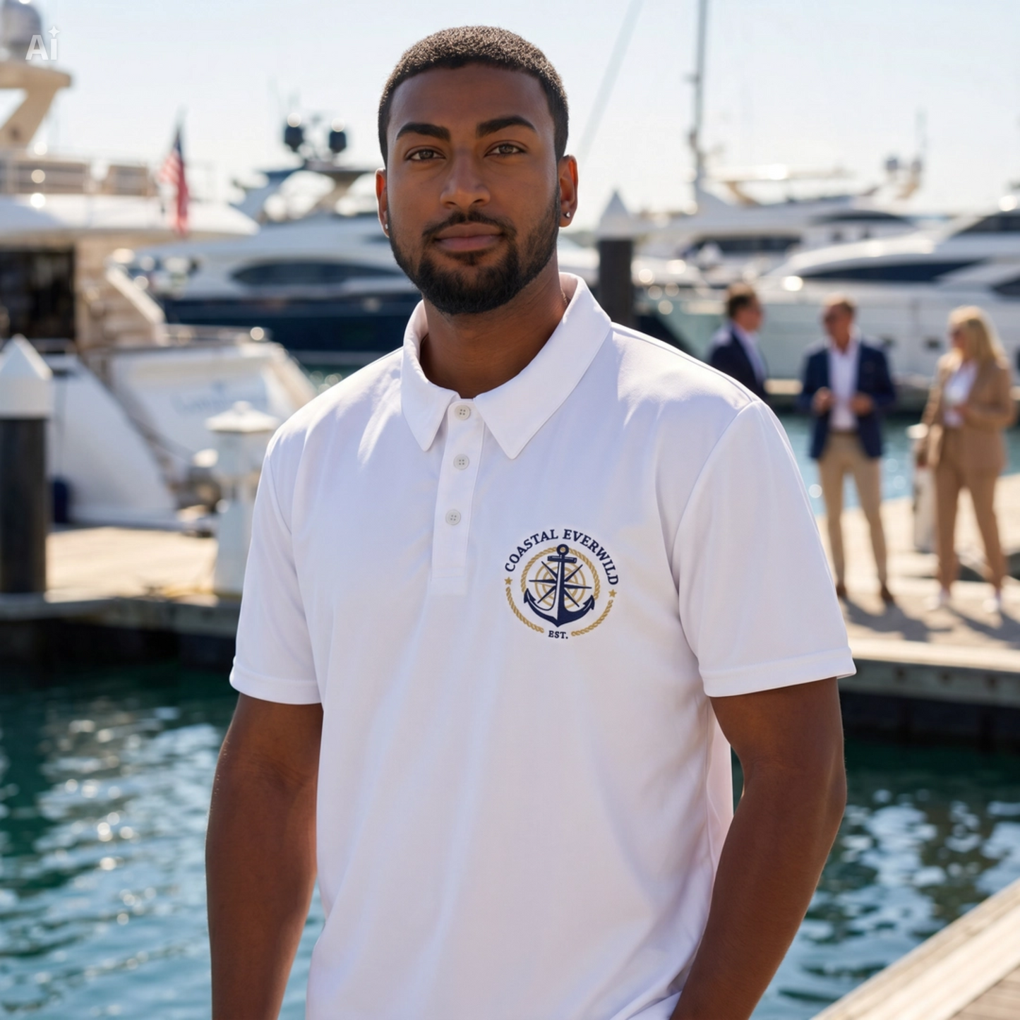 Men's white polo shirt with Coastal EverWild anchor logo embroidery on chest