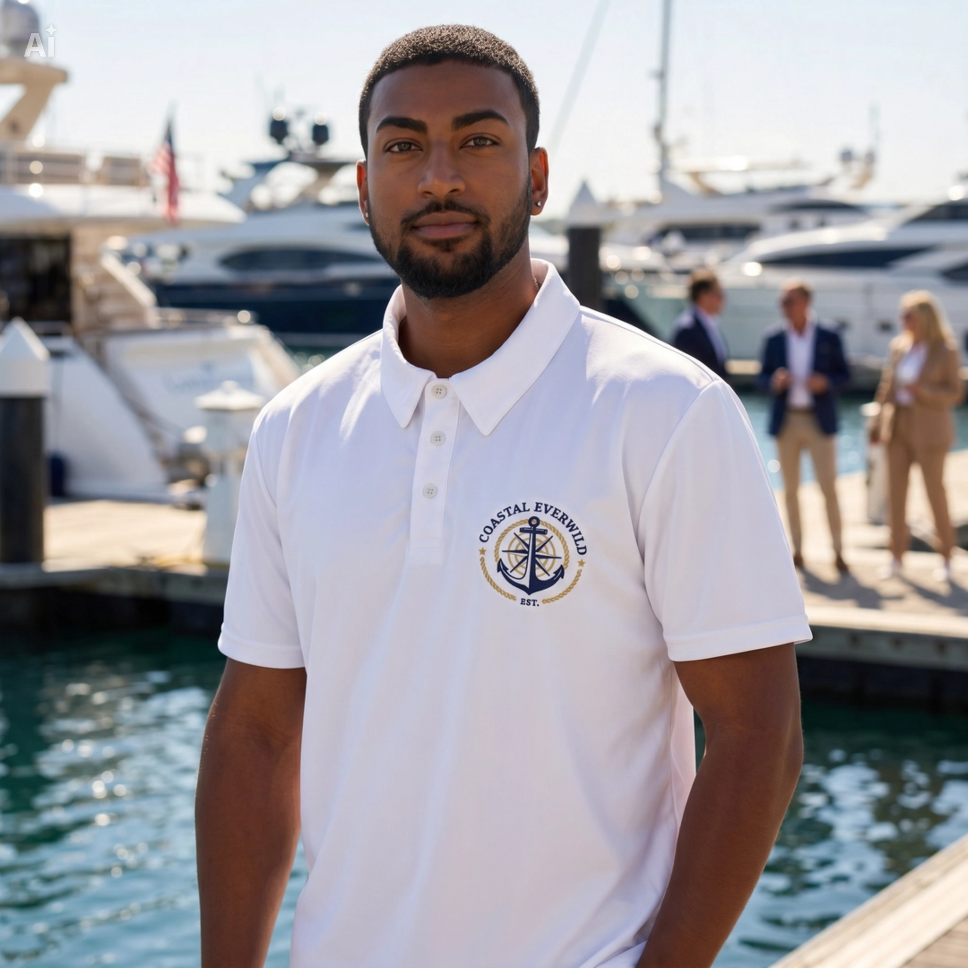 Men's white polo shirt with Coastal EverWild anchor logo embroidery on chest