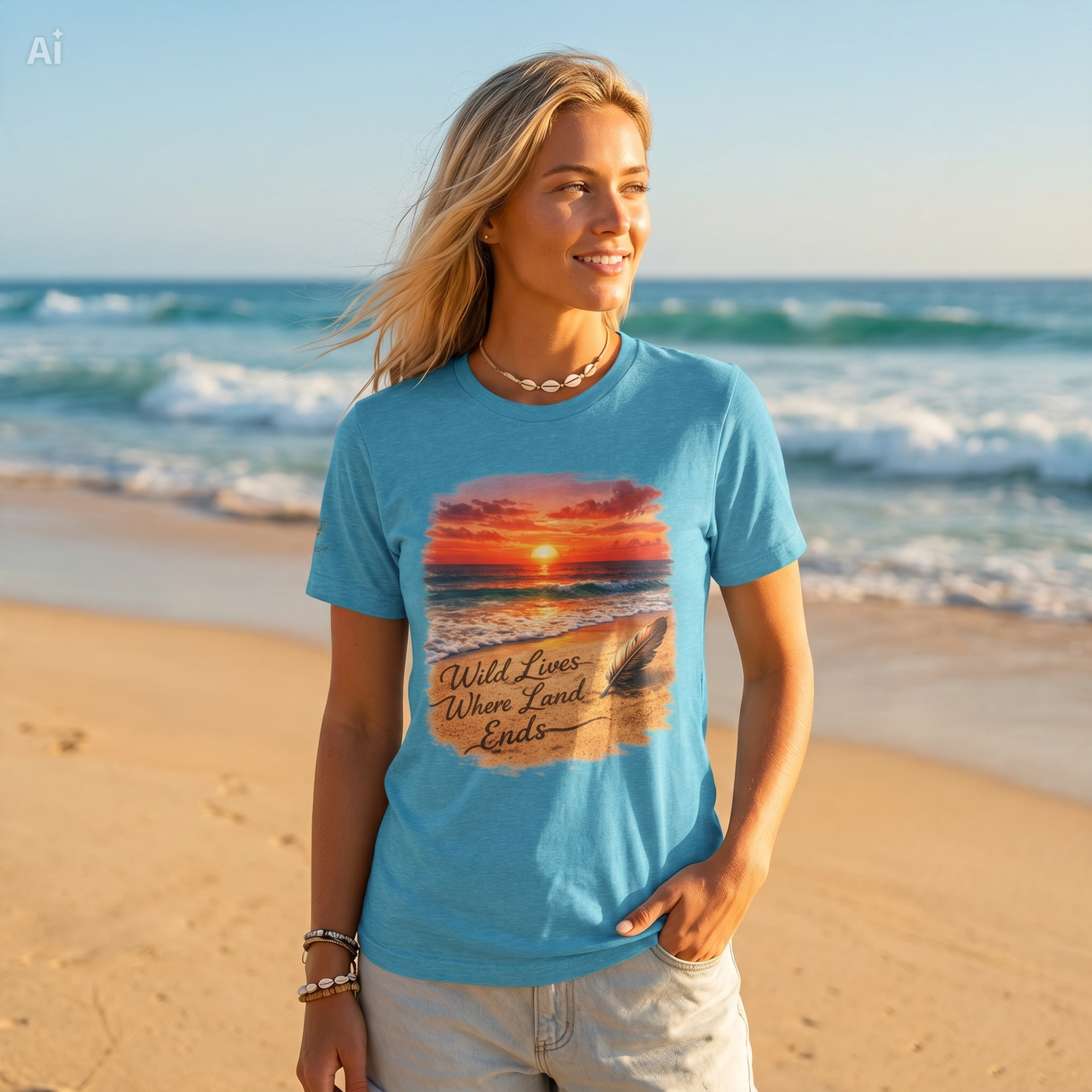 Teal T-shirt with sunset ocean graphic and 'Wild Lives Where Land Ends' text