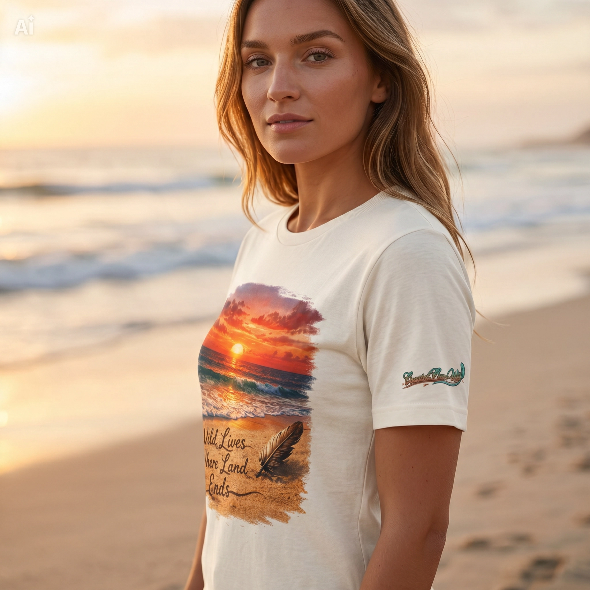 Off-white T-shirt with sunset ocean graphic and 'Wild Lives Where Land Ends' text