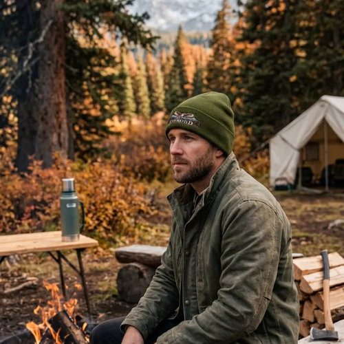 Man at a campsite in the fall woods wearing a olive green American EverWild Beanie with a field jacket.