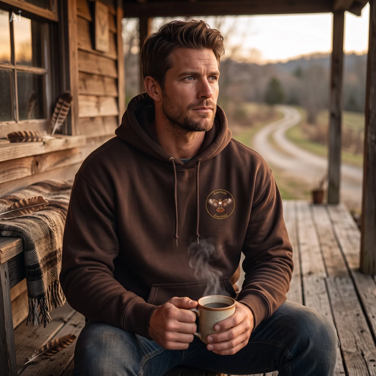 A man wearing a brown pullover hoodie with a circular embroidered chest logo for American EverWild sits on a rustic wooden porch holding a steaming mug. The background shows a blurred outdoor landscape with a winding dirt road and trees at sunset.