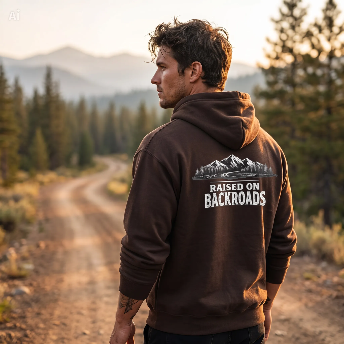 A man wearing a brown hoodie with a mountain graphic and the text 'RAISED ON BACKROADS' on the back, standing on a dirt road in a forest during golden hour.