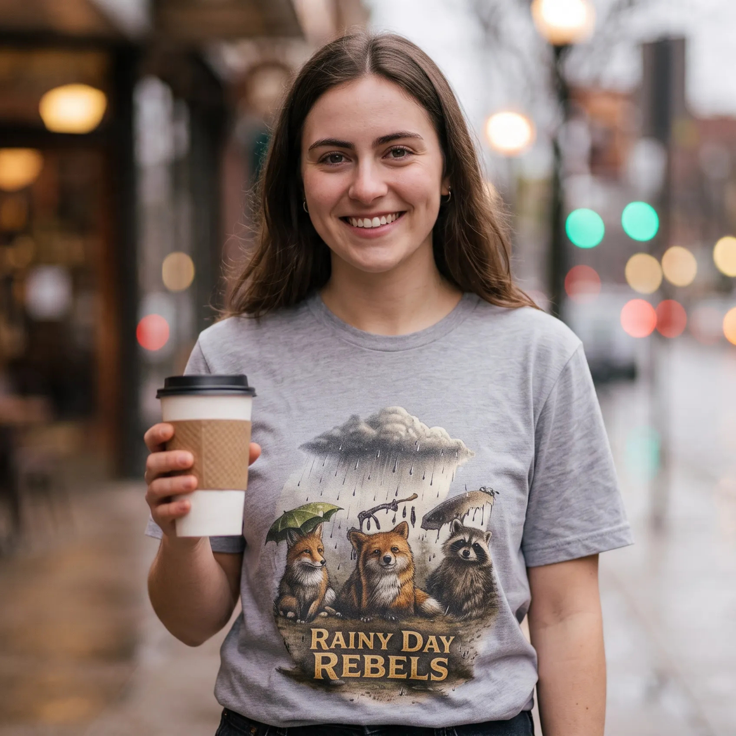 A smiling young woman stands on a blurred city street holding a takeaway coffee cup. She wears a heather gray graphic T-shirt featuring illustrated animals under a raincloud with the text 'Rainy Day Rebels'.