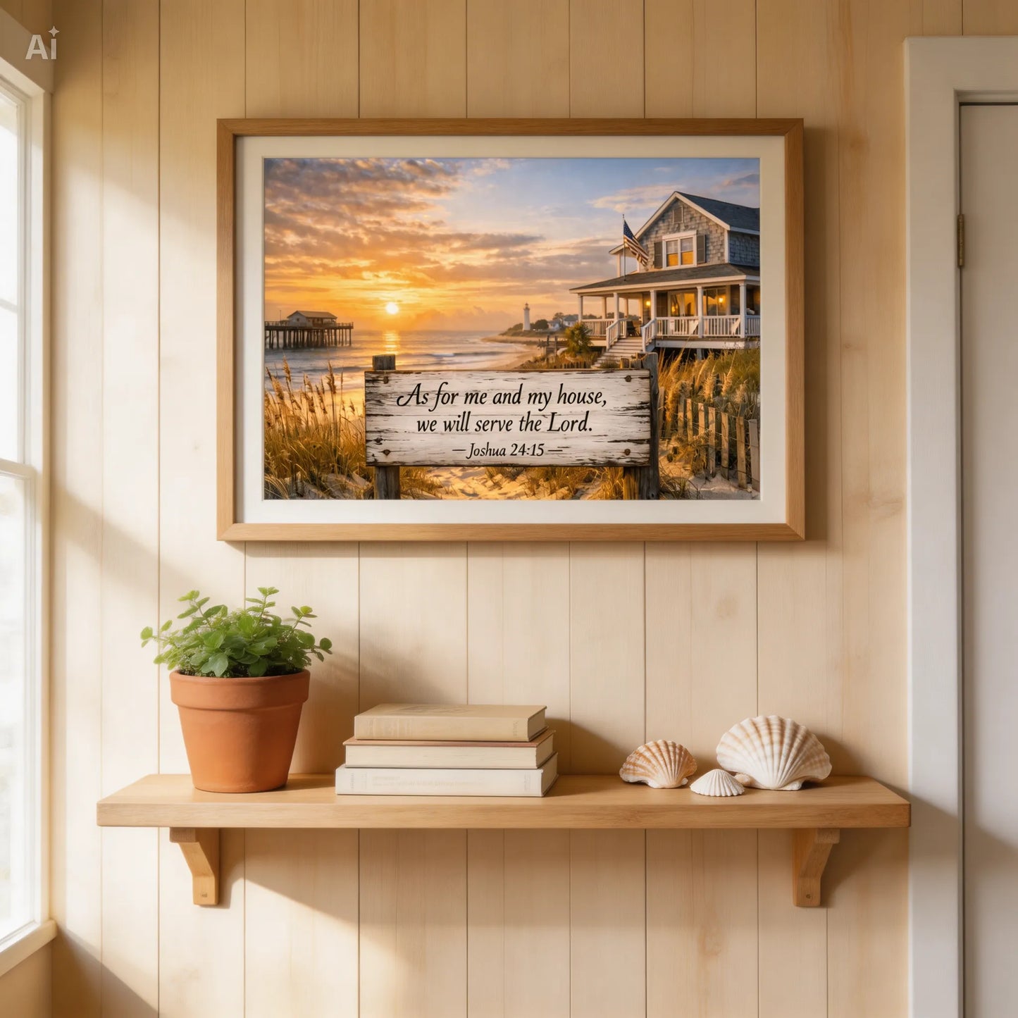 Home view of a canvas print of a beach house, pier, lighthouse, american flag and a sign reading Joshua 24:15-As for me and my house, we will serve the Lord. hanging above a shelf. 10"x10"