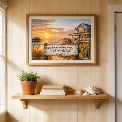 Home view of a canvas print of a beach house, pier, lighthouse, american flag and a sign reading Joshua 24:15-As for me and my house, we will serve the Lord. hanging above a shelf. 10"x10"