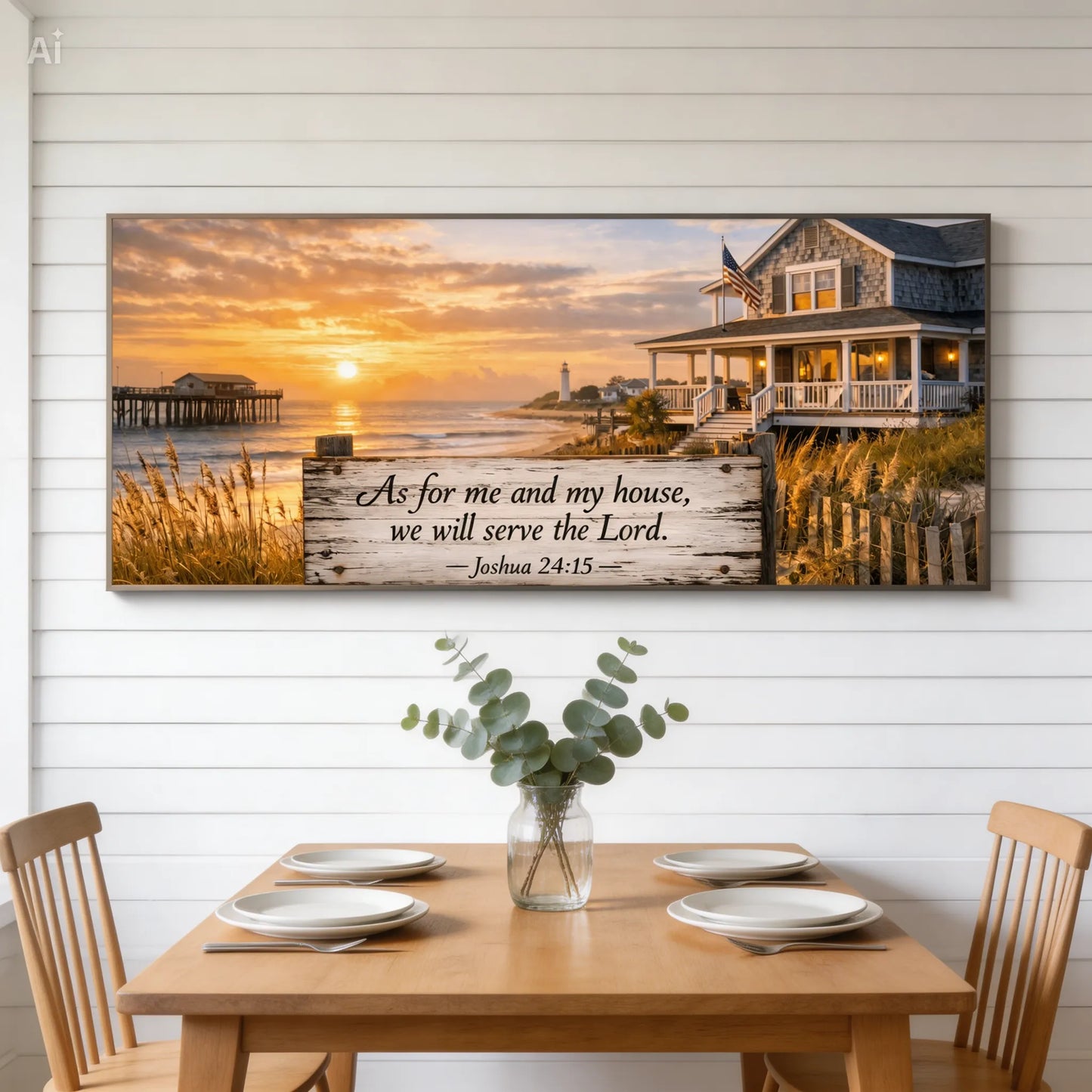 Home view of a canvas print of a beach house, pier, lighthouse, american flag and a sign reading Joshua 24:15-As for me and my house, we will serve the Lord. hanging above a shelf. 20"x10" hanging behind a set kitchen table with flower vase and sage greenery.