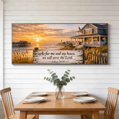 Home view of a canvas print of a beach house, pier, lighthouse, american flag and a sign reading Joshua 24:15-As for me and my house, we will serve the Lord. hanging above a shelf. 20"x10" hanging behind a set kitchen table with flower vase and sage greenery.