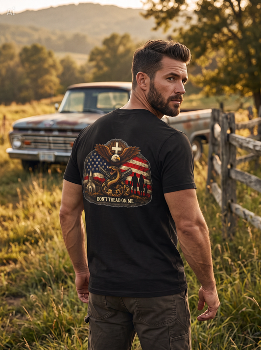 Black T-shirt with back eagle-and-flag graphic and 'Don't Tread On Me' text