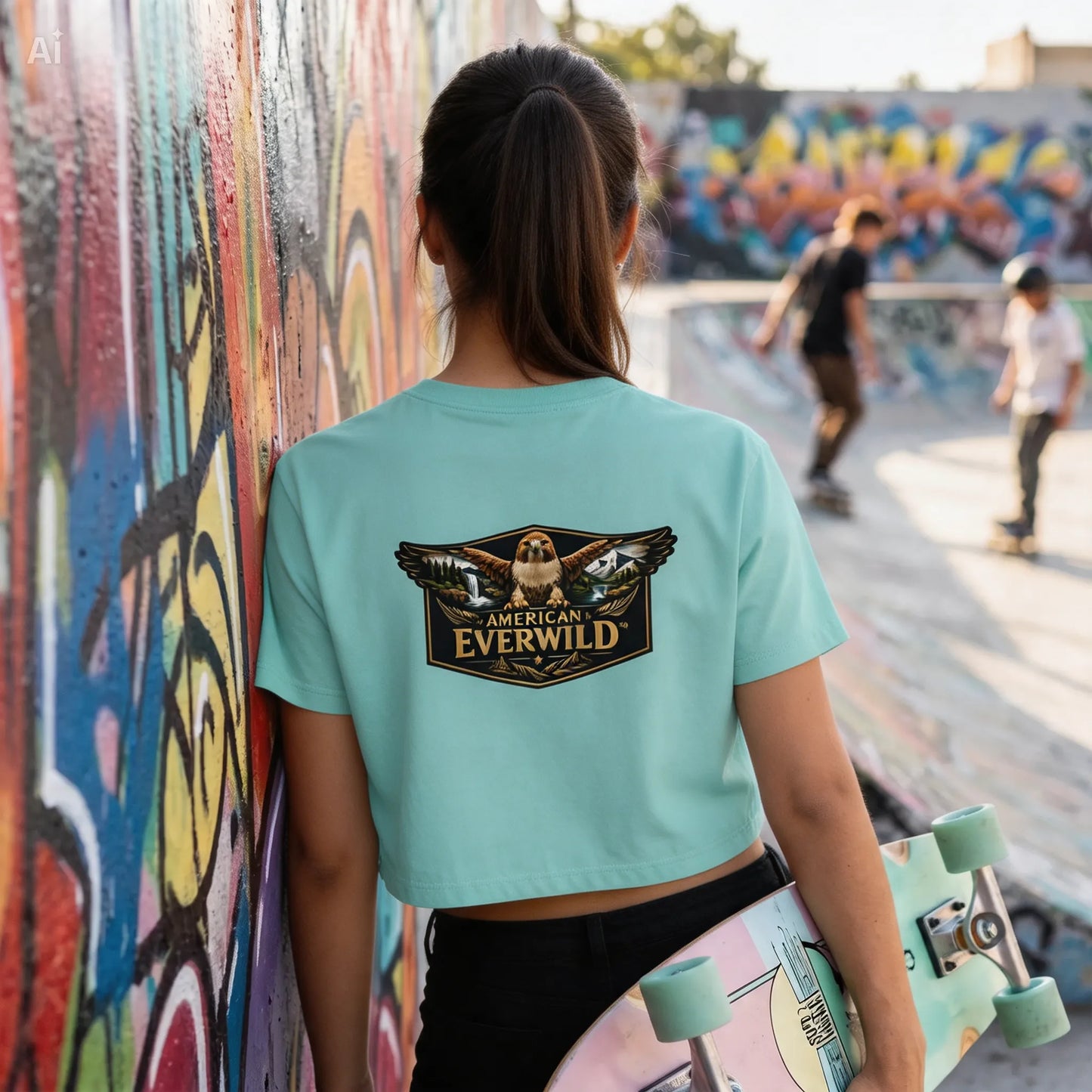 A woman viewed from behind wearing a chalky mint green cropped t-shirt with a large 'American Everwild' eagle graphic on the back, standing in a skatepark next to a colorful graffiti wall.