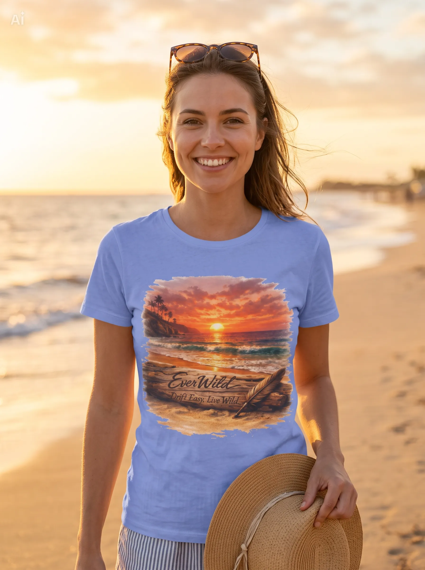A woman standing on a beach at sunset wearing a heather royal graphic T-shirt with a beach sunset print and the words 'Every Wild —Drift Easy-Live Wild.' She is holding a straw hat with sunglasses on her head.