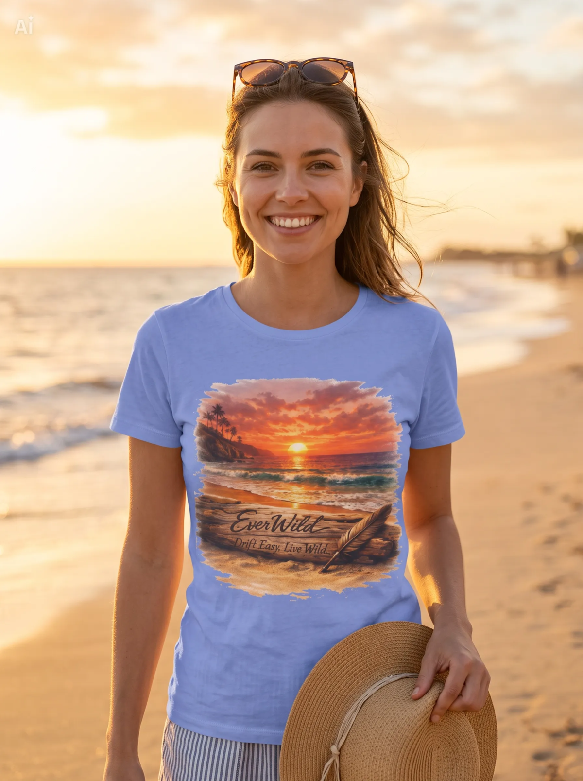 A woman standing on a beach at sunset wearing a heather royal graphic T-shirt with a beach sunset print and the words 'Every Wild —Drift Easy-Live Wild.' She is holding a straw hat with sunglasses on her head.