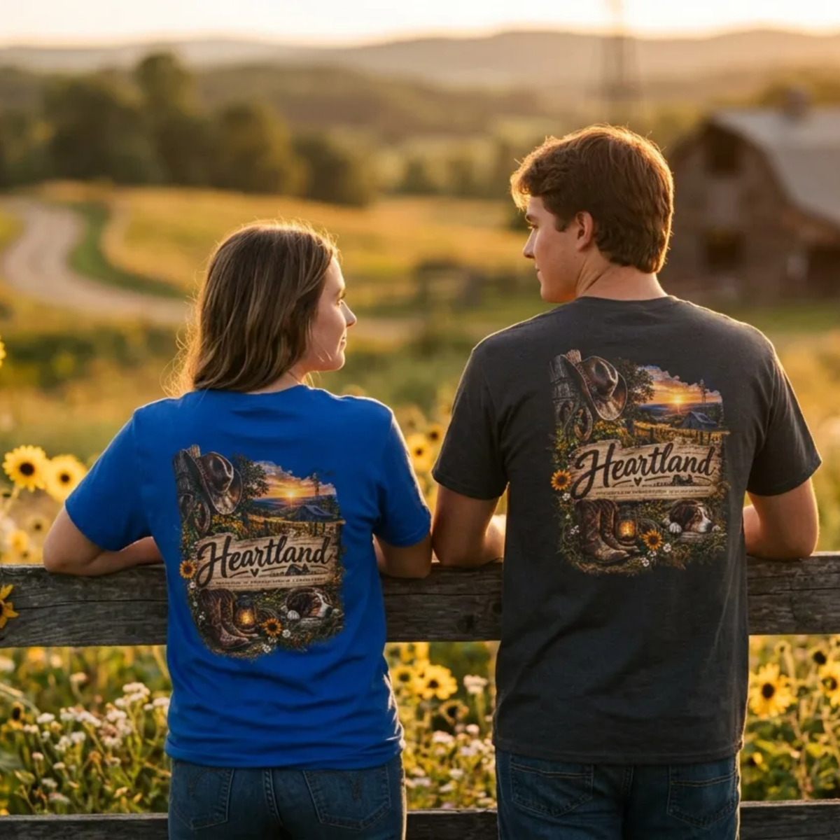A man and a woman standing side by side outdoors at sunset, both wearing matching graphic T-shirts. The shirts show a large scenic back print with the word 'Heartland' and a farm landscape, while the woman's shirt is bright blue and the man's is dark charcoal gray.