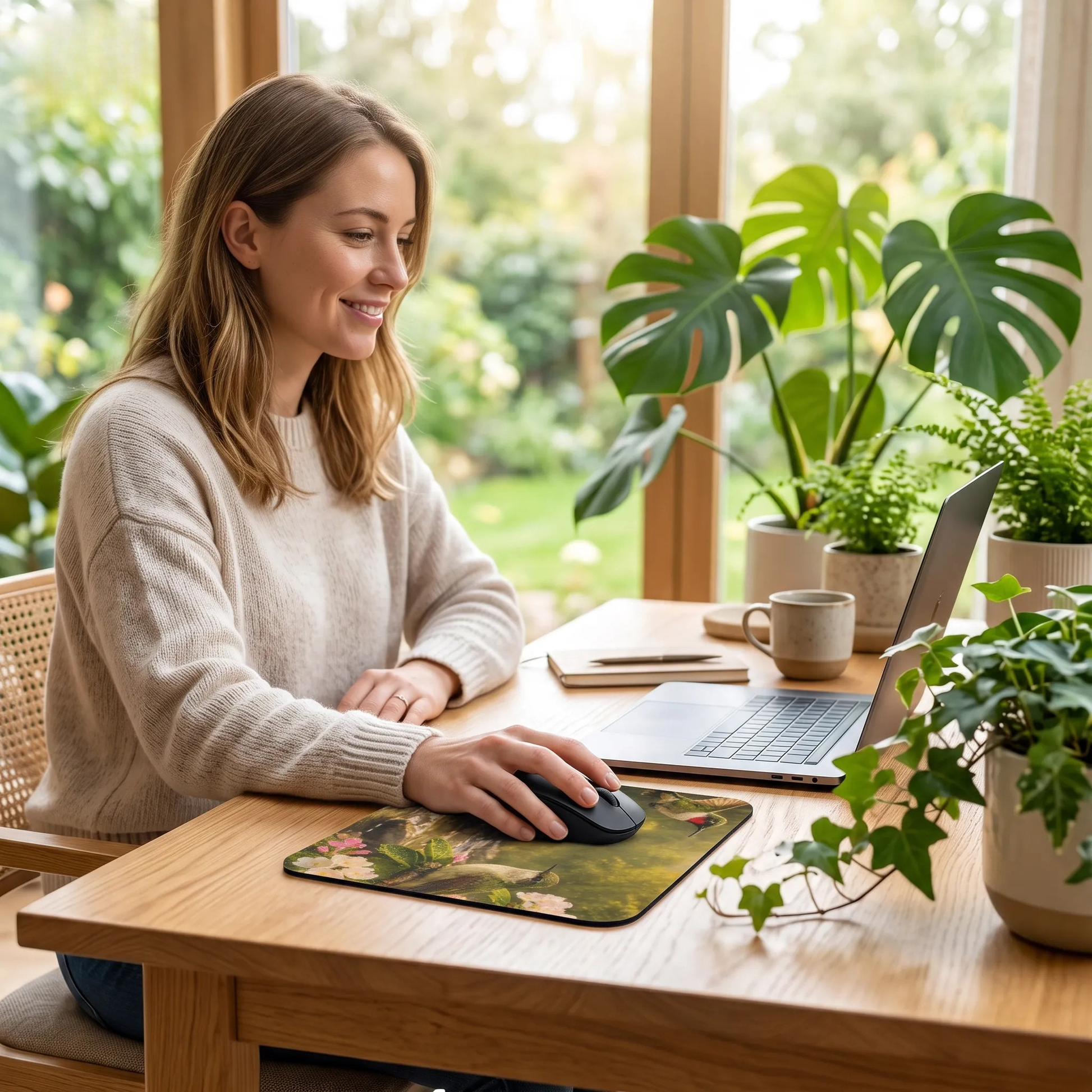 A woman sits at a wooden desk in a bright room, using a black mouse on a rectangular desk mat with a hummingbird and fauna at creekside. She is wearing a cream knit sweater, with an open laptop, a mug, and several potted green plants around her.
