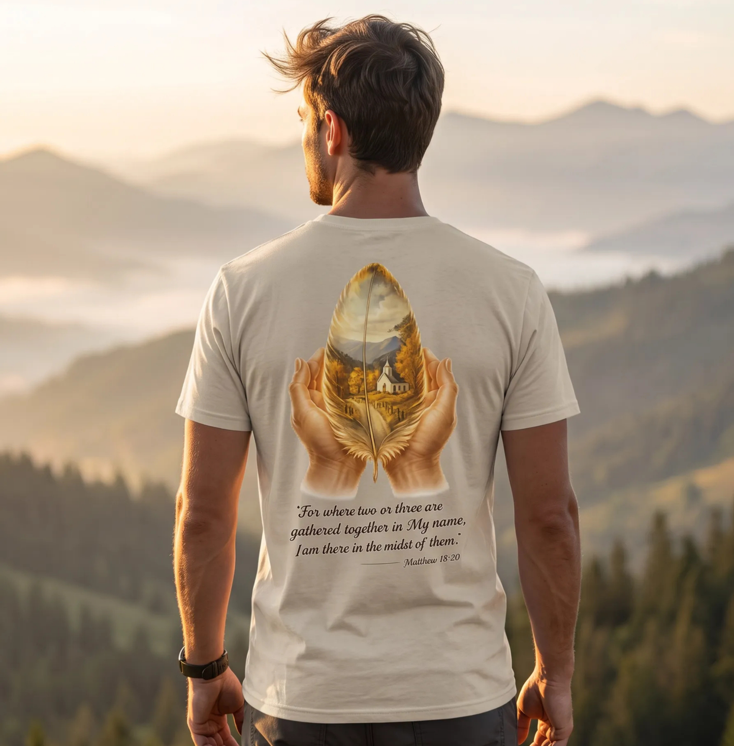Man stands overlooking misty mountains wearing sand colored shirt with hands cupping church scene painted feather and verse from Matthew 18:20