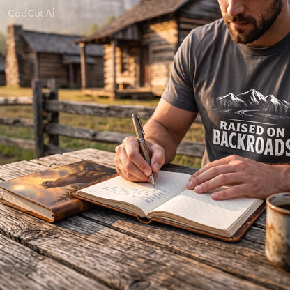 A man wearing a dark gray graphic t-shirt a MOUNTAIN LION SUNSET MTN  JOURNAL lies closed on the table next to him and writing an entry into a open journal, sitting at a rustic wooden tablein front of blurred cabins and a fence in the background.