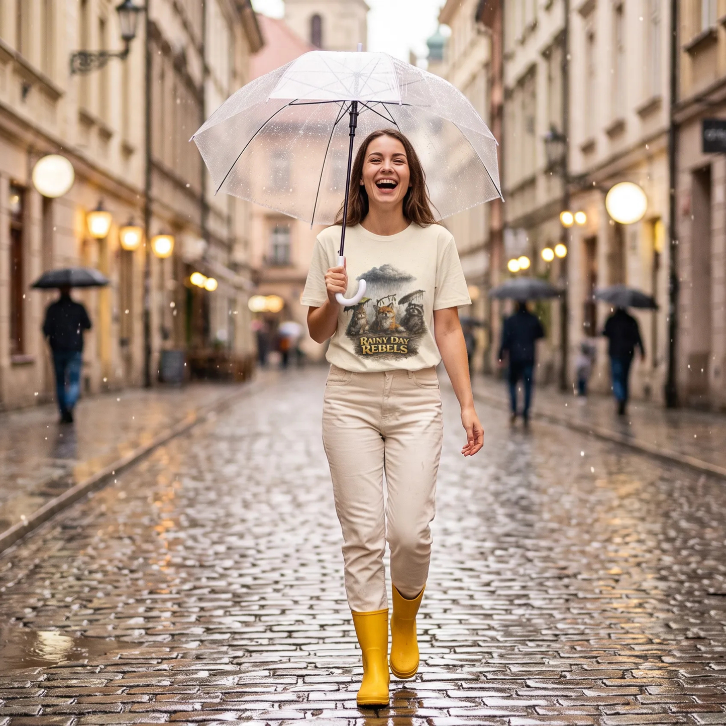 A woman walking down a cobblestone street in the rain, holding a clear umbrella. She is wearing a natural graphic t-shirt, natural pants, and bright yellow rain boots.