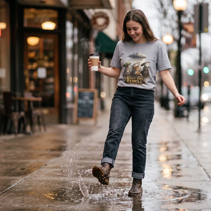 A woman walking in the rain on a city sidewalk, wearing a gray graphic t-shirt with a 'Rainy Day Rebels' scene, dark jeans, and brown boots while holding a coffee cup.