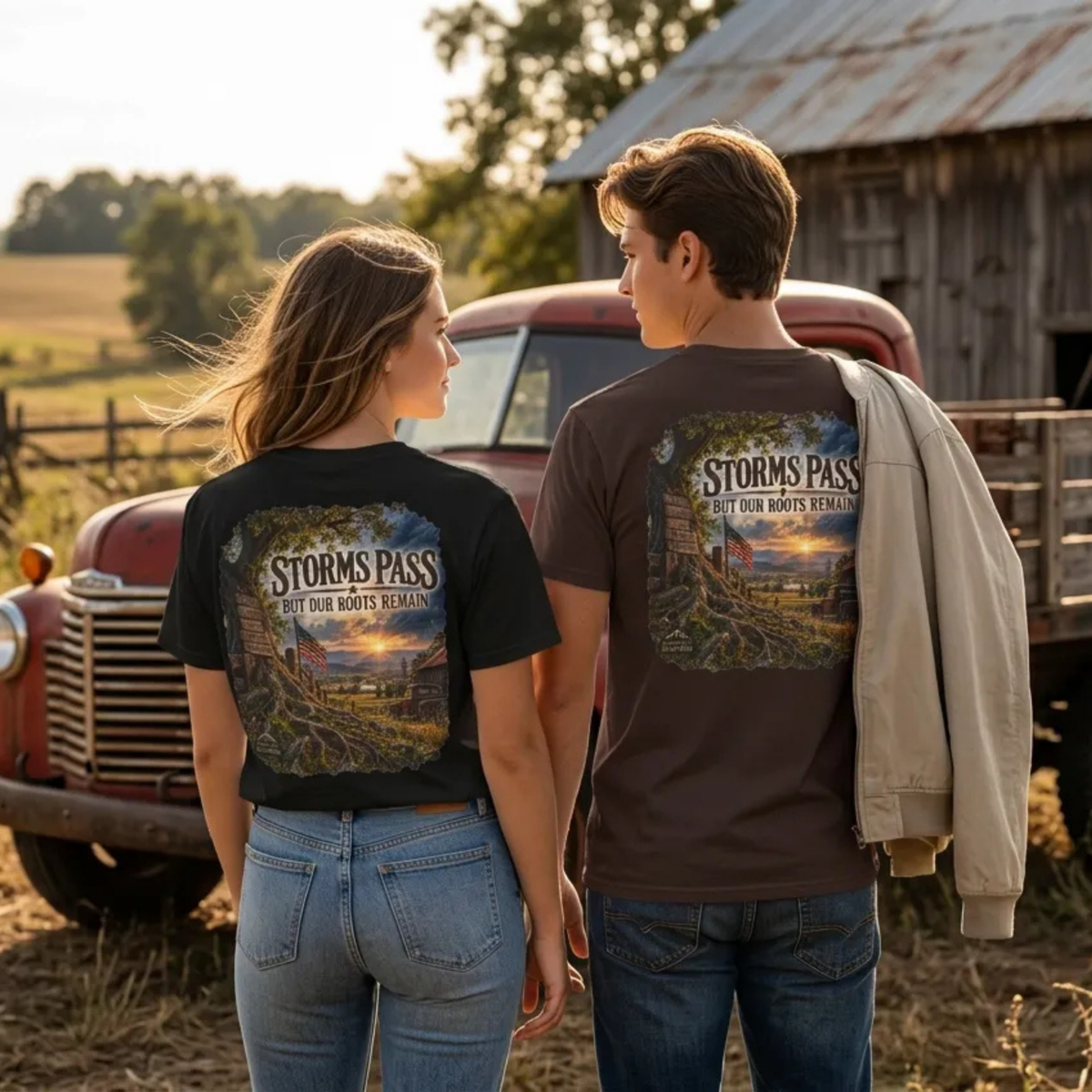A man and a woman standing side by side outdoors in front of a rustic red truck and weathered barn, both wearing matching graphic T-shirts with large back prints reading “STORMS PASS FOR OUR ROOTS REMAIN.” The woman wears a black shirt and the man wears a brown shirt, with a light jacket draped over his shoulder.
