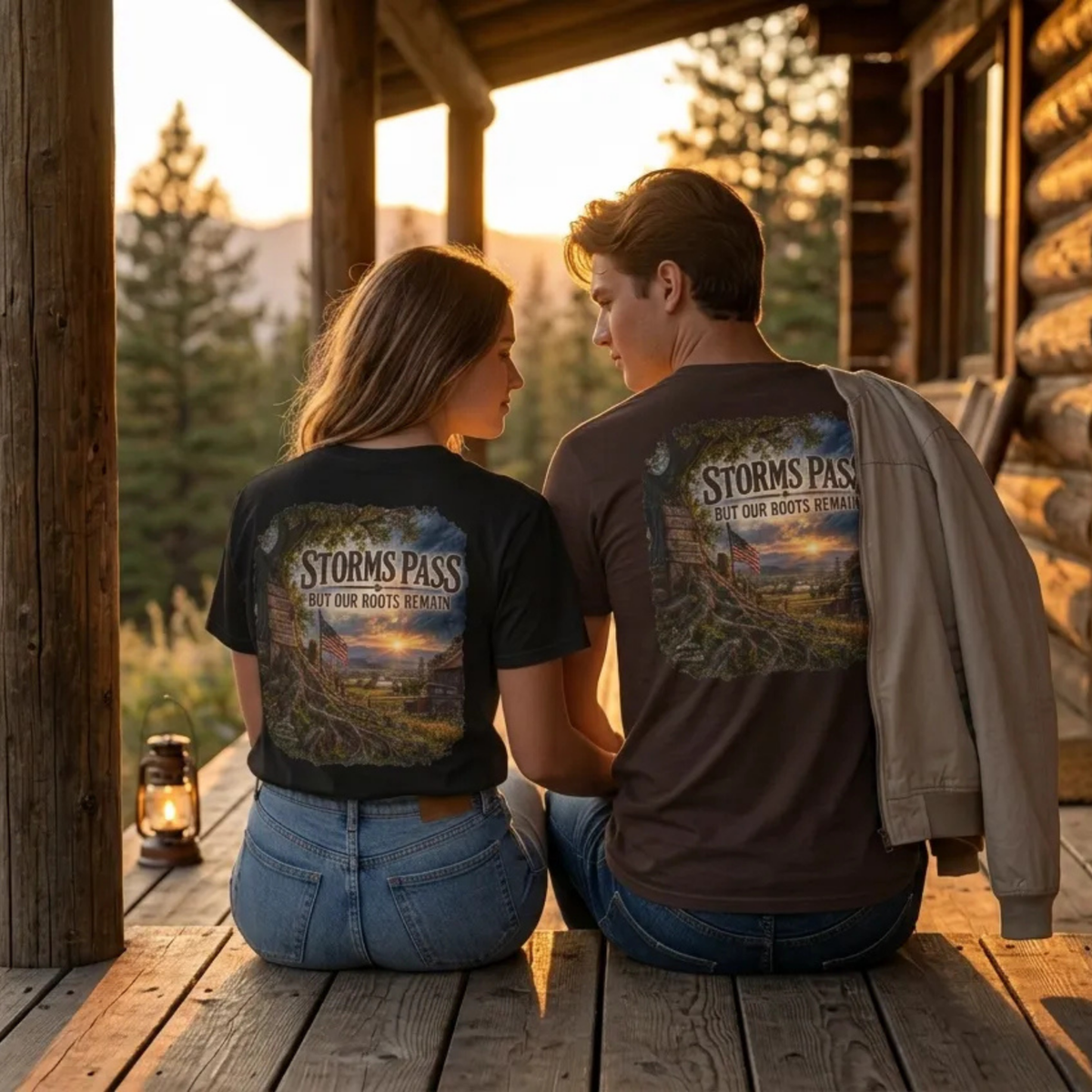 A couple sits on a wooden porch at sunset wearing matching graphic T-shirts. The shirts show a scenic landscape print with the text 'STORMS PASS BUT OUR ROOTS REMAIN' on the back.