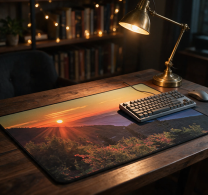 Landscape desk mat with keyboard and mouse on top; sunrise mountain design