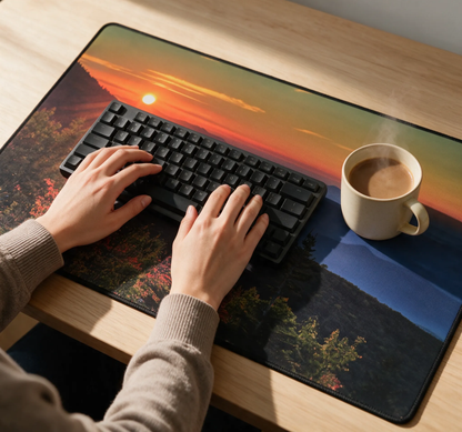 Extended desk mat under hands typing on black keyboard; sunrise mountain scene
