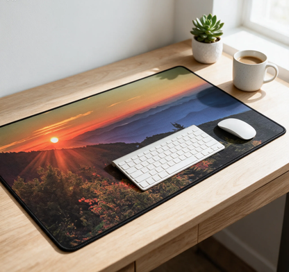 Sunrise mountain landscape desk mat with keyboard, mouse, and coffee mug