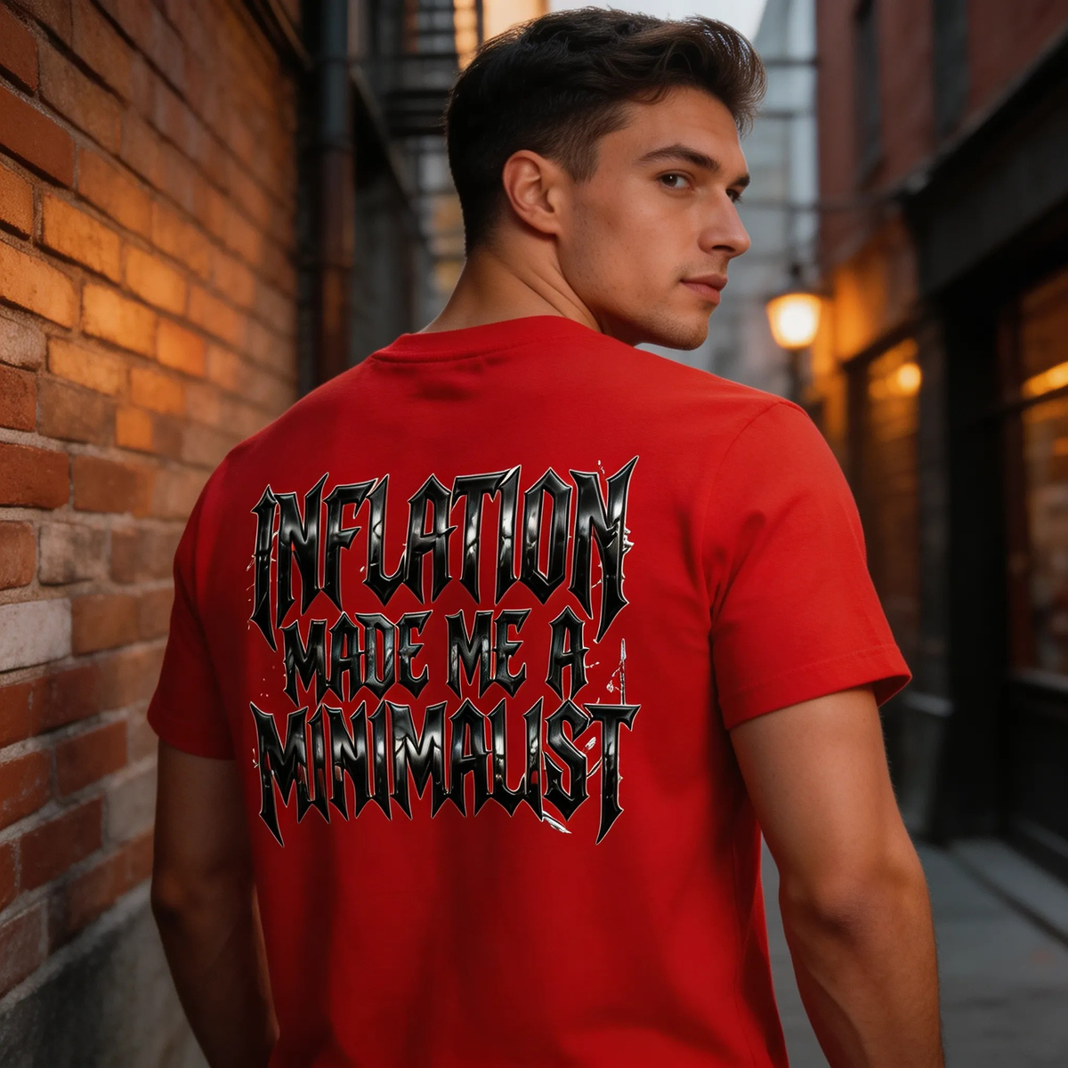 A man wearing a bright red t-shirt with a large black and white graphic text on the back reading 'INFLATION MADE ME A MINIMALIST', standing in an outdoor alleyway next to a brick wall.