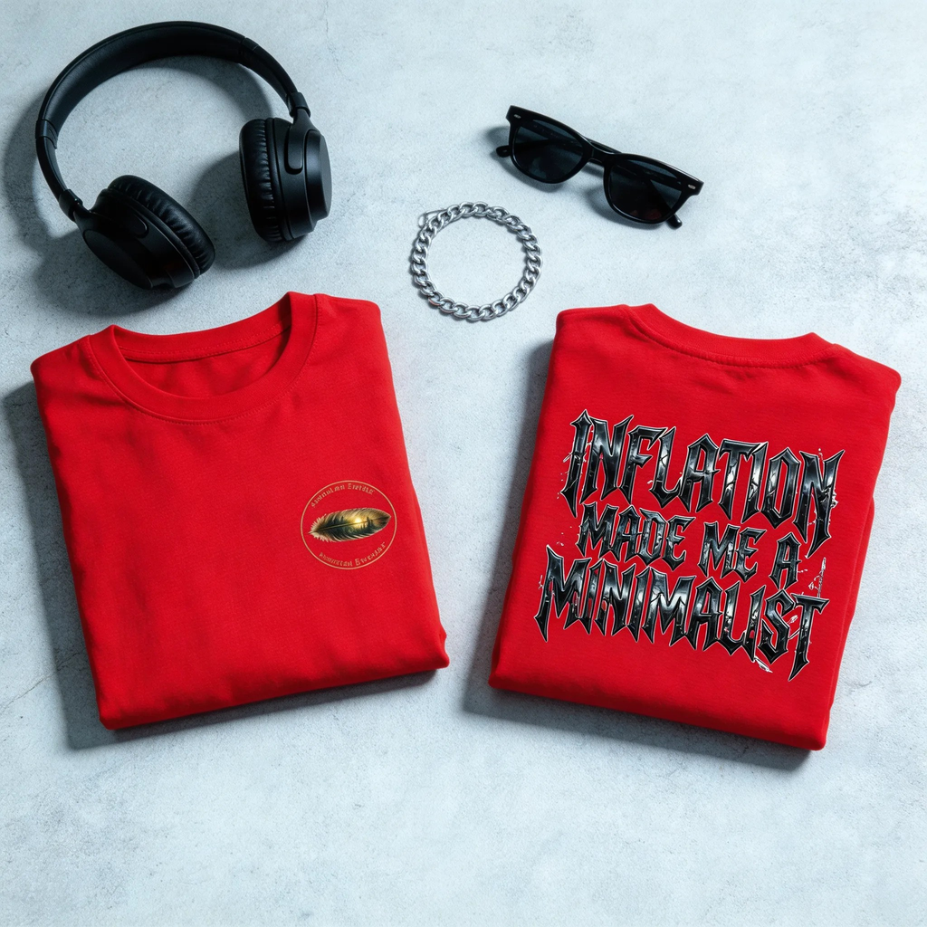 Two folded red T-shirts displayed on a light gray surface with black headphones, black sunglasses, a silver chain bracelet, and a small oval patch. One shirt has a small oval chest graphic with American EverWild name top and bottom in the center a painted feather, and the other has large black text reading 'INFLATION MADE ME A MINIMALIST' with a red outline.