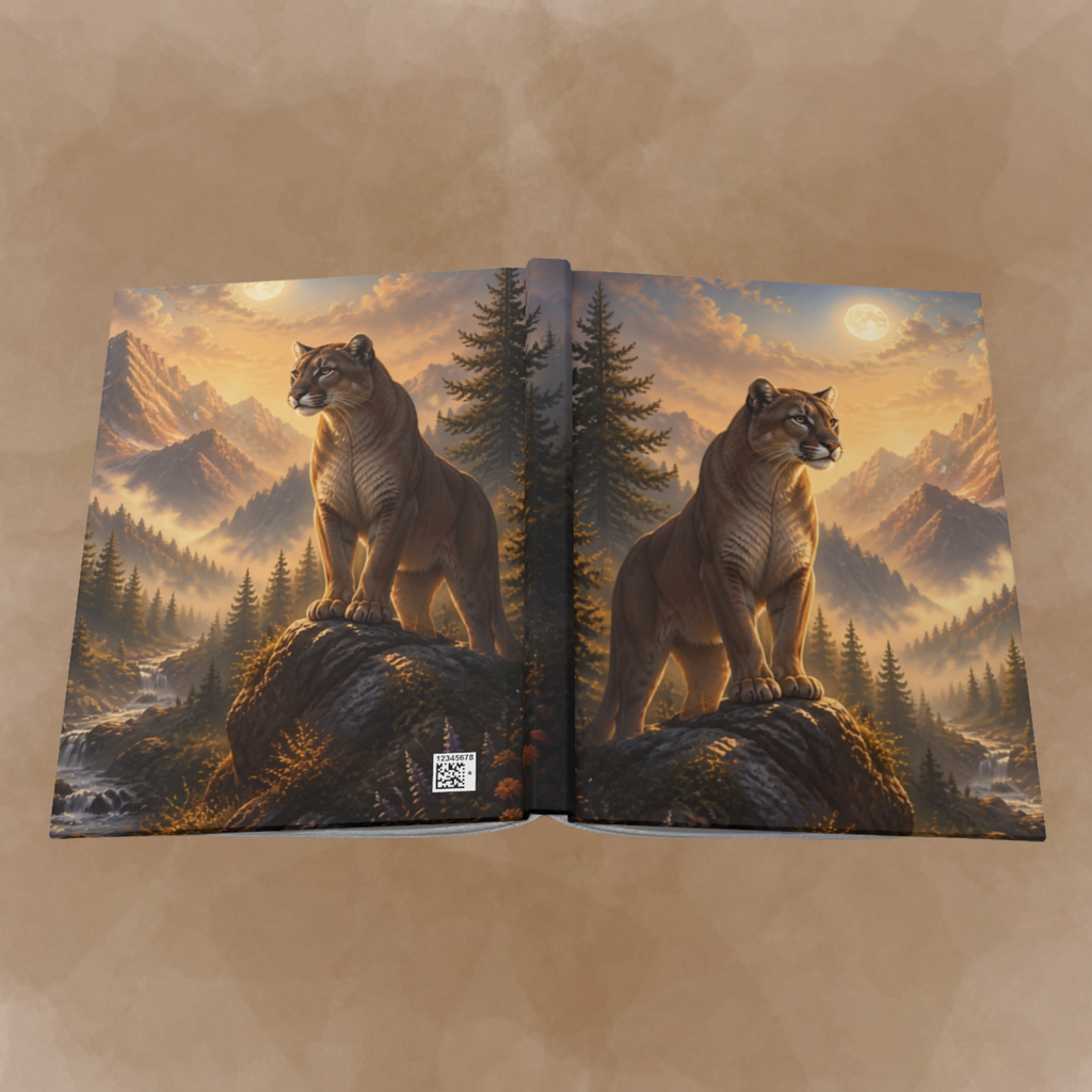 An open hardcover art book displayed flat against a textured tan background. The cover features a detailed fantasy landscape illustration of two mountain lions standing on rocks in a pine forest at sunset.