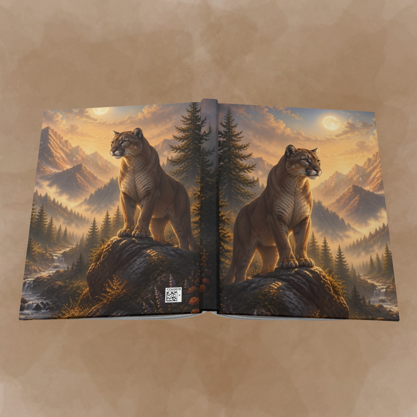 An open hardcover art book displayed flat against a textured tan background. The cover features a detailed fantasy landscape illustration of two mountain lions standing on rocks in a pine forest at sunset.