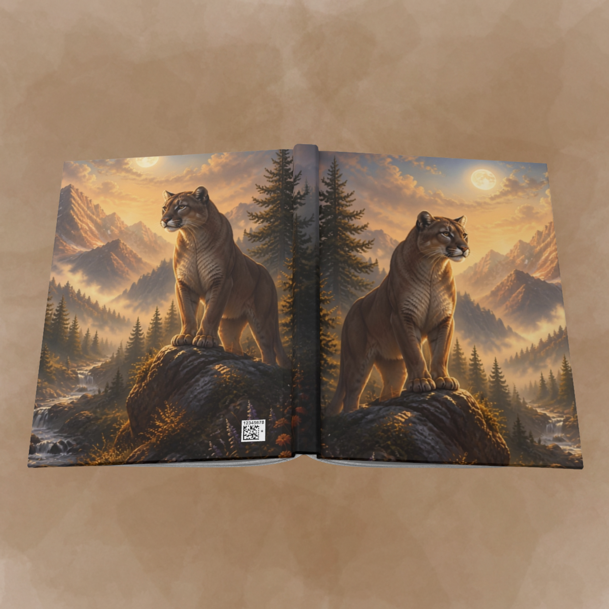 An open hardcover art book displayed flat against a textured tan background. The cover features a detailed fantasy landscape illustration of two mountain lions standing on rocks in a pine forest at sunset.