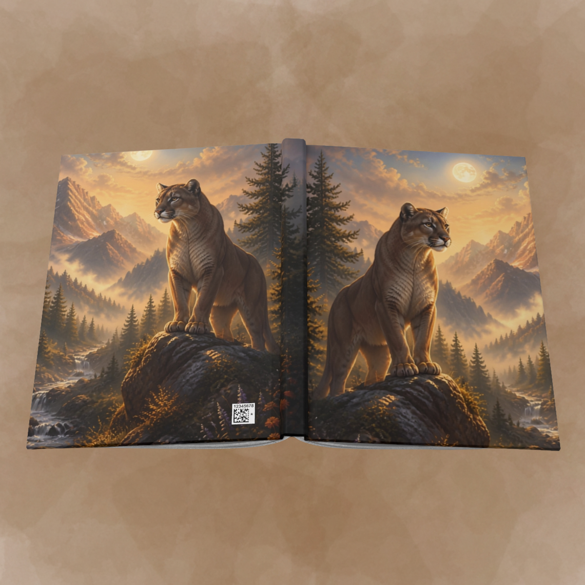 An open hardcover art book displayed flat against a textured tan background. The cover features a detailed fantasy landscape illustration of two mountain lions standing on rocks in a pine forest at sunset.