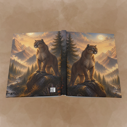 An open hardcover art book displayed flat against a textured tan background. The cover features a detailed fantasy landscape illustration of two mountain lions standing on rocks in a pine forest at sunset.