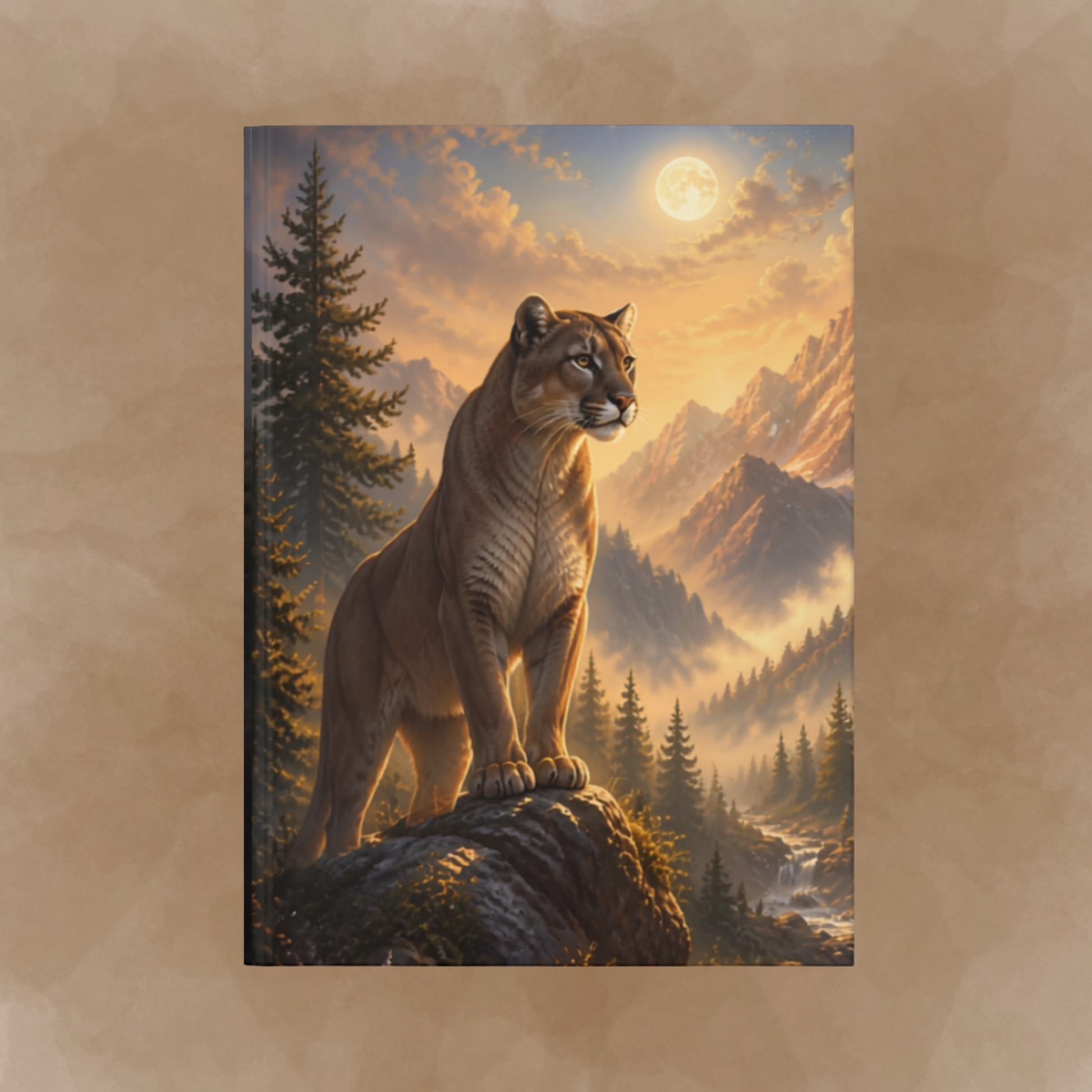 A flat lay art print depicting a mountain lion standing on a rock in a pine forest with misty mountains and a full moon, shown against a textured tan background. A Flatlay front cover visual.