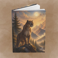 A hardcover notebook or journal standing upright, featuring a detailed cover illustration of a mountain lion standing on a rock in a pine forest at sunset, with mountains and a full moon in the background. The book is shown against a textured tan background.