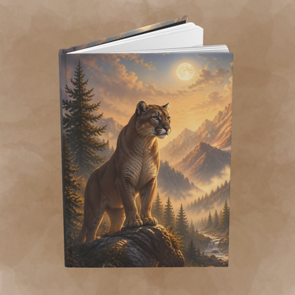A hardcover notebook or journal standing upright, featuring a detailed cover illustration of a mountain lion standing on a rock in a pine forest at sunset, with mountains and a full moon in the background. The book is shown against a textured tan background.