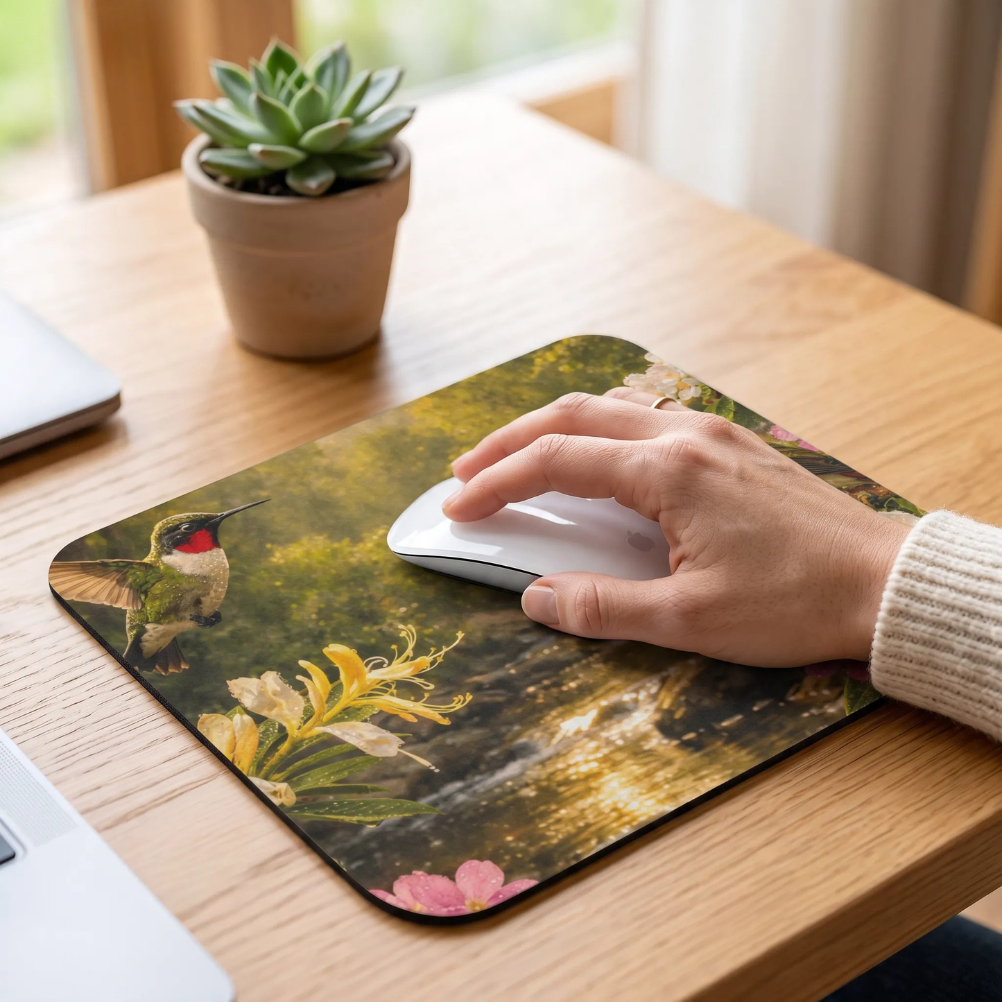 A rectangular mouse pad with a printed nature scene of a hummingbird, flowers, and a stream, shown on a wooden desk with a hand using a white computer mouse. A small potted succulent and part of a laptop are visible in the background.